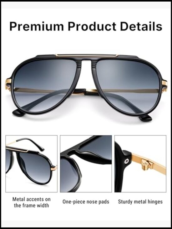 Oversized Aviator Sunglasses with Tangle Free Top Bar Design